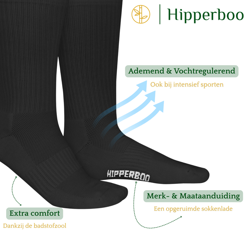 Hipperboo® 3 of 6 Paar Bamboe Sportsokken | Tennissokken | Hardloopsokken | Naadloos | Zwart of Wit | Meerdere maten