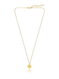 A gold-plated circular pendant necklace with a simple, minimalist design. The pendant measures approximately 1.2 cm in diameter and is suspended from a delicate gold-toned chain.