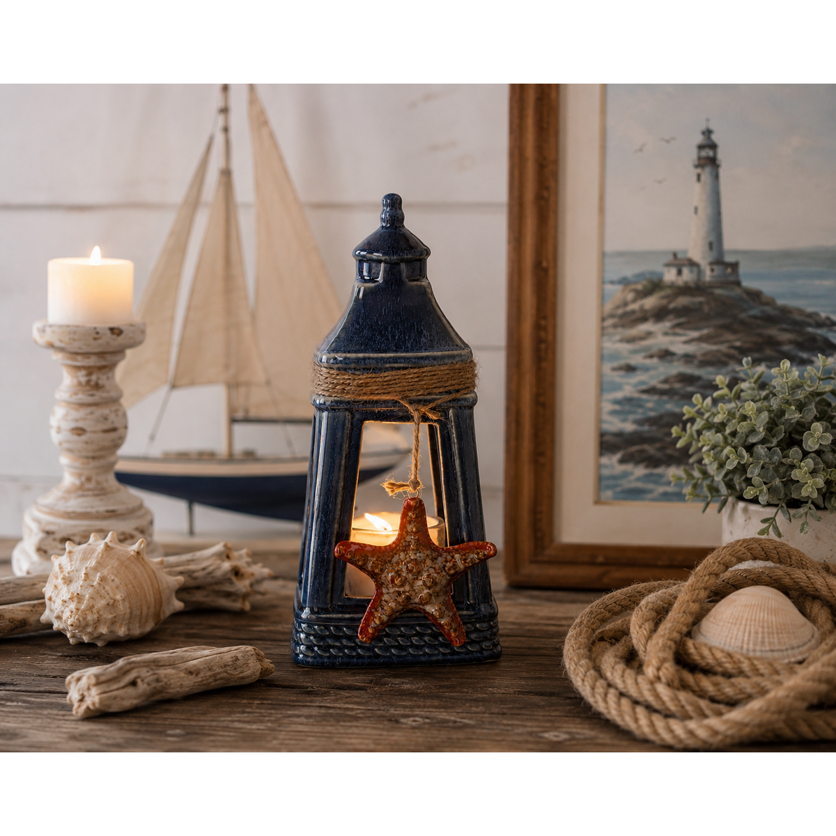 Blue ceramic marine candle holder h 35x16x16 cm