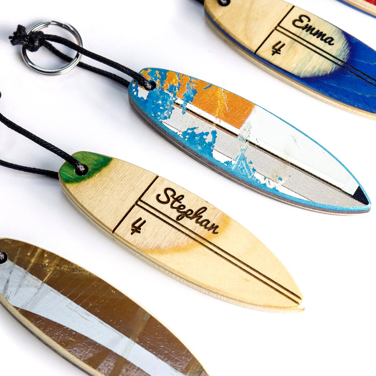 Wood keychain, Personalized surfboard key Ring, Made from Recycled Skateboard wood