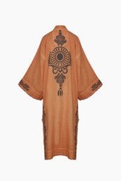 Long, loose-fitting orange kimono with intricate black floral embroidery along the sleeves and hem.
