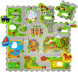 A colorful, textured foam play mat featuring a vacation-themed design with various shapes, textures, and elements. The mat measures 1.2 x 1.2 meters and is suitable for indoor play.