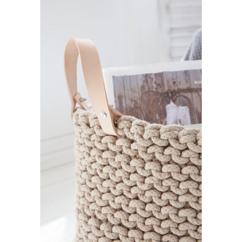 Knitting basket with leather handle - 40cm x 40cm x 40cm - round