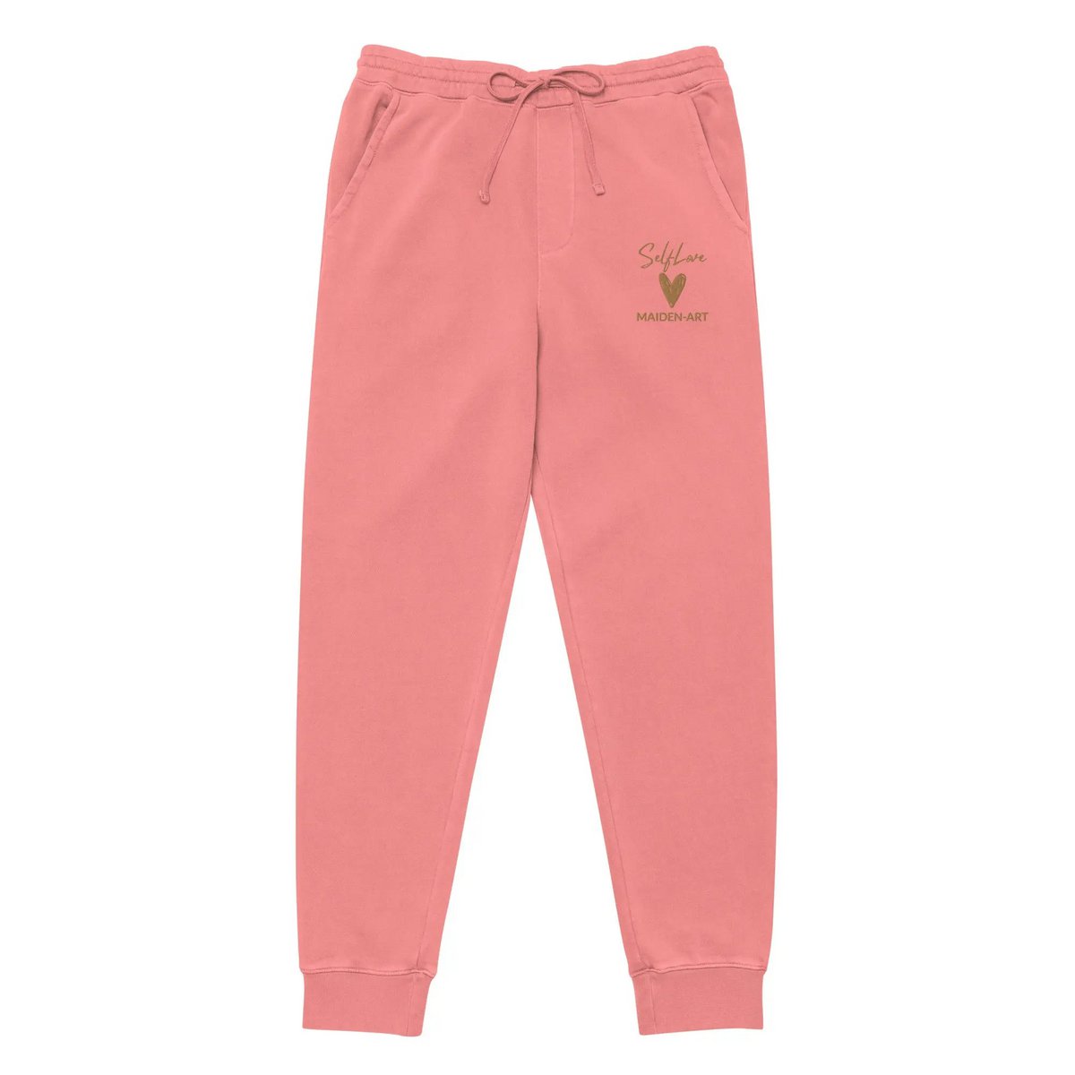 Self Love Unisex barwione pigmentowo spodnie dresowe z haftem w kolorze starego złota - spodnie dresowe unisex