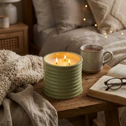  Green stoneware three-wick scented candle, cylindrical ridged container, luxury home fragrance, cool water orchid aroma