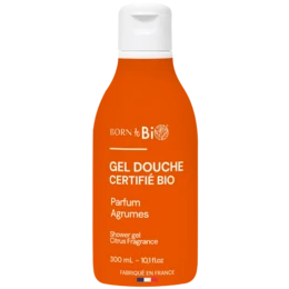 Organic citrus shower gel in a 300mL bottle, with a light orange color and a fresh, citrus scent.