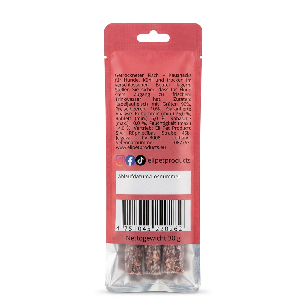 Gedroogde Kabeljauwsticks Met Cranberry Natuurlijke Hondensnacks 30 g