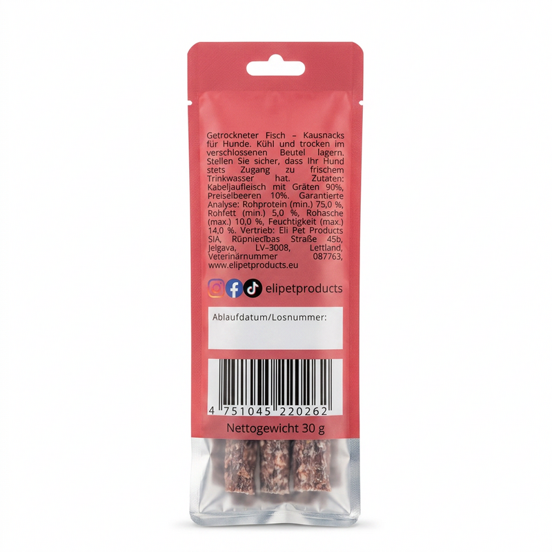 Gedroogde Kabeljauwsticks Met Cranberry Natuurlijke Hondensnacks 30 g