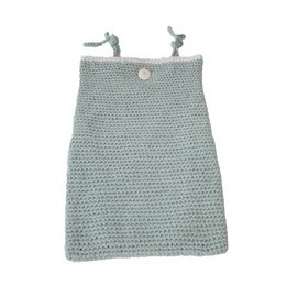 Light blue crocheted storage bag with handles, suitable for storing toys or other items in a child's room.