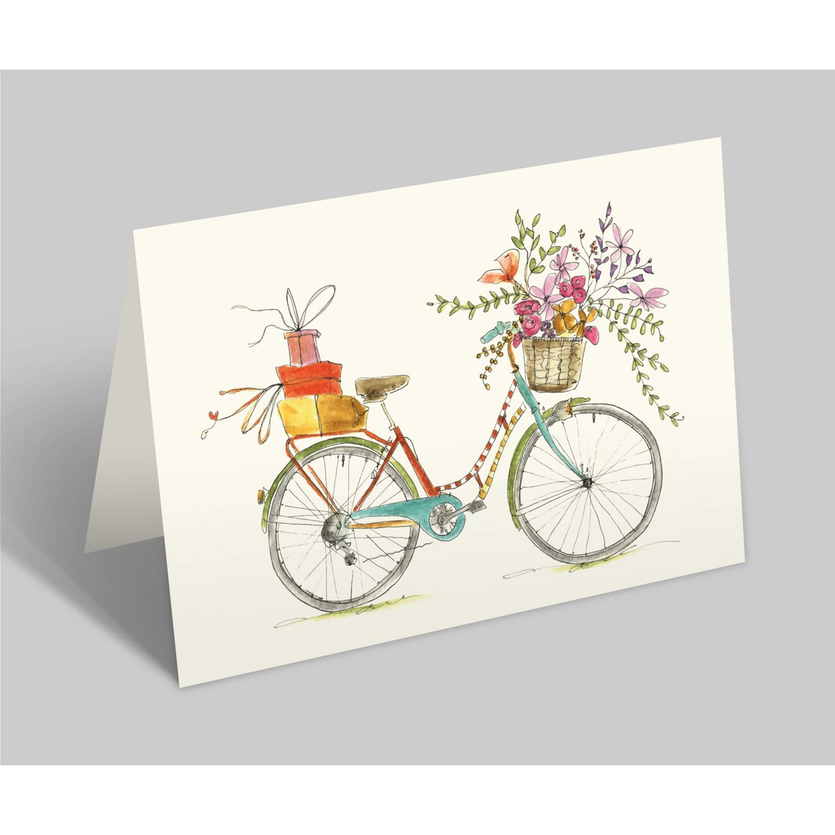 Fahrradkarte | buntes Fahrrad mit Blumenstrauß und Geschenken| Deko oder Geburtstagskarte  mit Umschlag