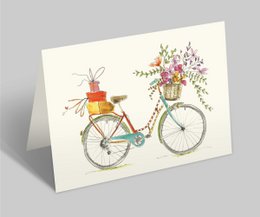 Mapa de bicicletas | bicicleta colorida con ramo de flores y regalos| Decoración o tarjeta de cumpleaños con sobre.