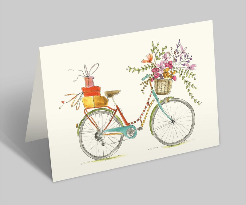 Cykelkort | farverig cykel med buket blomster og gaver| Dekoration eller fødselsdagskort med kuvert