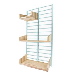 A green metal shelving unit with wooden shelves, displaying various home decor items such as plants, blankets, and other accessories.