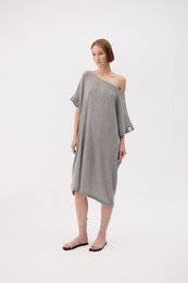A gray, crinkle linen dress with a relaxed, off-the-shoulder silhouette and a midi length.