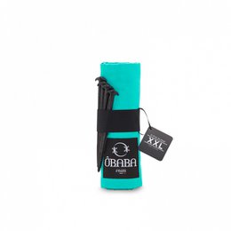 Large turquoise beach towel with black trim and logo