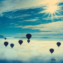 "Hot air balloons sky clouds blue yellow poster, vintage style, scenic landscape art print"