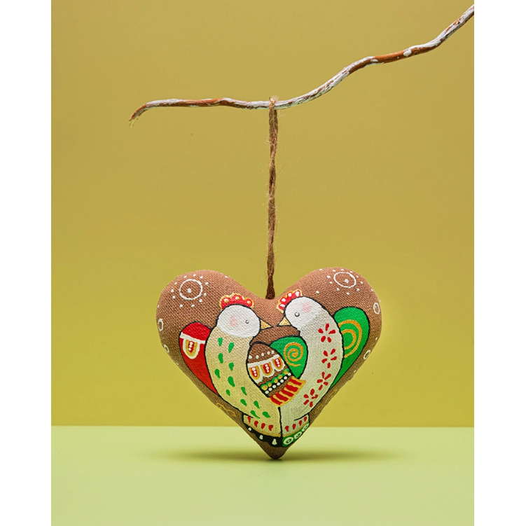 Textile ornament Vanilla and cocoa scented "Coffee heart with birds"
