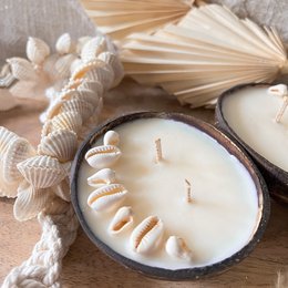 Small coconut and seashell candle with gourmet vanilla scent. Includes natural elements like shells and palm leaves.
