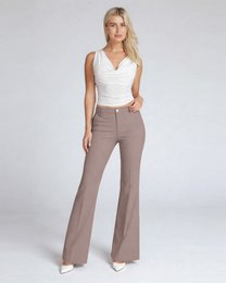 Light hazelnut wide-leg high-rise pants, neutral taupe flared trousers, elegant minimalist style.