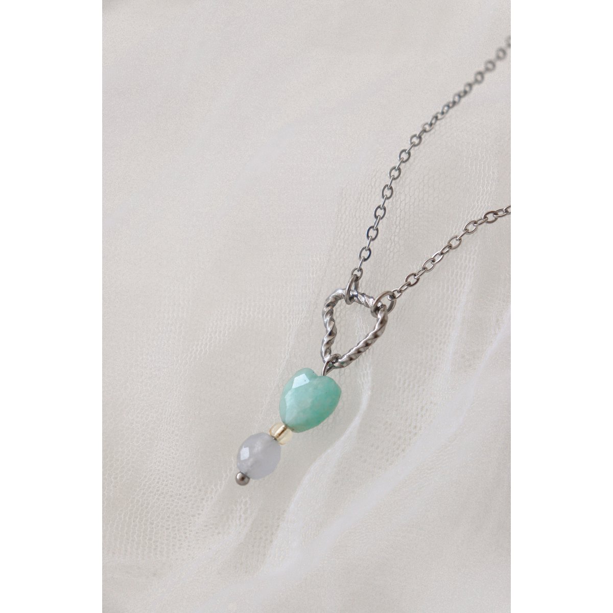 Halskette Gedrehtes Herz, Amazonit und Aquamarin – Silber