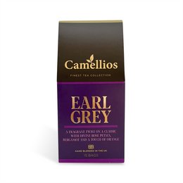 Earl Grey tea, black tea with bergamot flavor, in a purple and gold package.