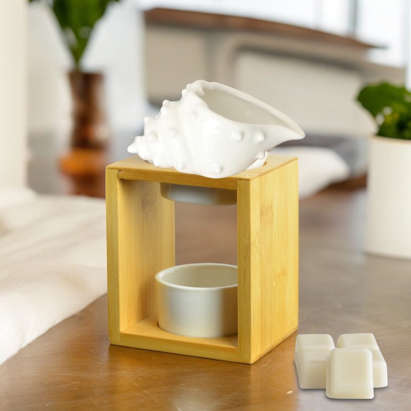 Parfumebrænder Naturea-serien - Skal - i bambus og keramik - Originalt og dekorativt design - Aromaterapi lysestage - Spredning af æteriske olier, voks, duftfondanter
