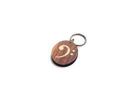 "Wooden music keychains with treble and bass clef designs, walnut and maple inlay, round pendant keyring"
