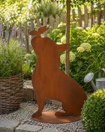 Brown bulldog sculpture with butterfly, sitting pose, garden statue, metal art decoration