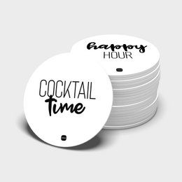 Round coasters with "Cocktail Time" text, made of white material.