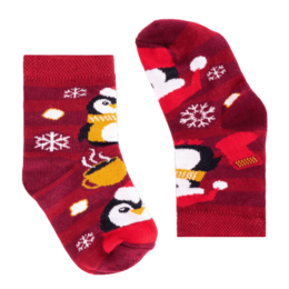 Christmas Penguins Socks for Kids - Cozy red socks featuring adorable penguin designs and snowflakes, perfect for keeping little feet warm during the holiday season.