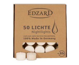 EDZARD 50 Stück WENZEL Nightlights Teelichtkerzen Teelichter , weiß, transparente Hülle, Brenndauer ca. 8 h
