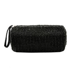 A black pencil case with a textured, woven design. The case has a zipper closure and a small loop for easy carrying.