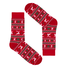 Red and white patterned socks with reindeer and snowflake designs, suitable for winter and holiday wear.