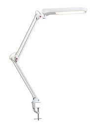 A modern, adjustable LED table lamp with a sleek, white design. The lamp features an articulated arm and head for flexible positioning, providing bright, energy-efficient lighting for desks or workspaces.
