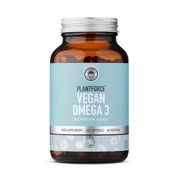 Vegan omega-3 algae oil supplement, brown glass bottle, light blue label, dietary capsules.