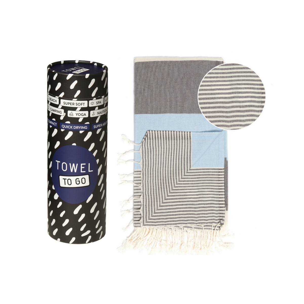 TOWEL TO GO PALERMO Cotton Beach Towel 180x100 cm | Sand Free | Blue / Black | with Gift Box