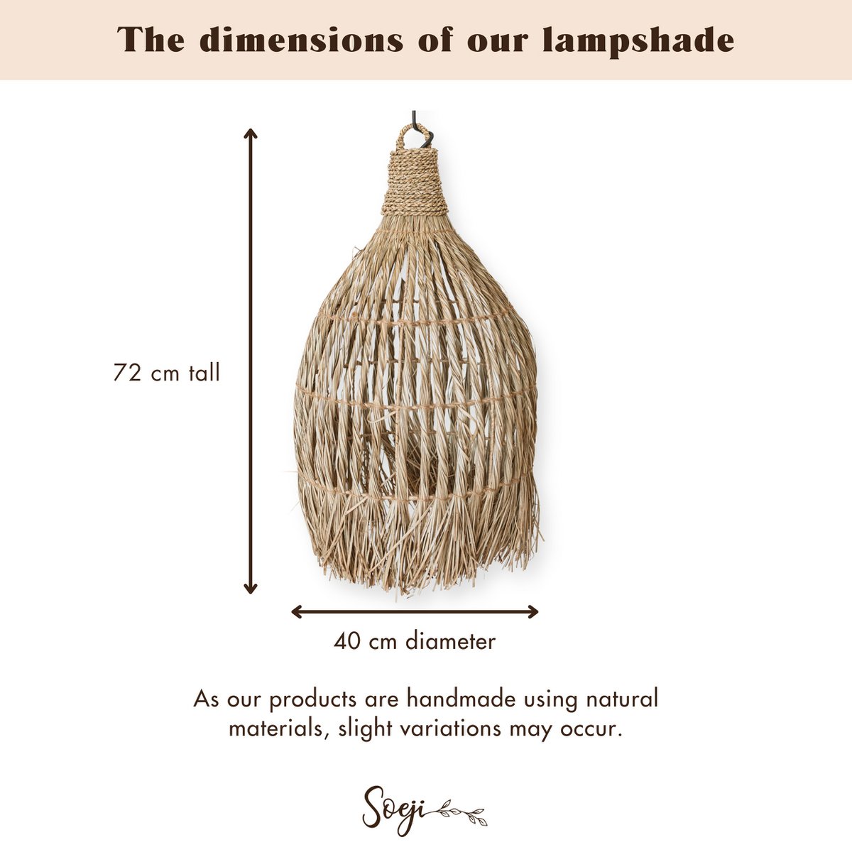 Deckenleuchte aus Seegras – Boho-Lampenschirm-Pendelleuchte – natürliche Hängelampe – großer trichterförmiger Lampenschirm aus Seegras LAMPUNG (Ø 40 cm)