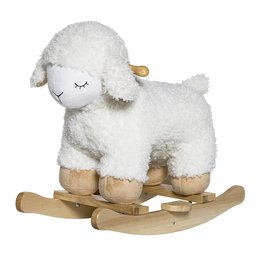 A white plush rocking toy in the shape of a sheep. The toy is made of polyester and has a soft, fluffy appearance.