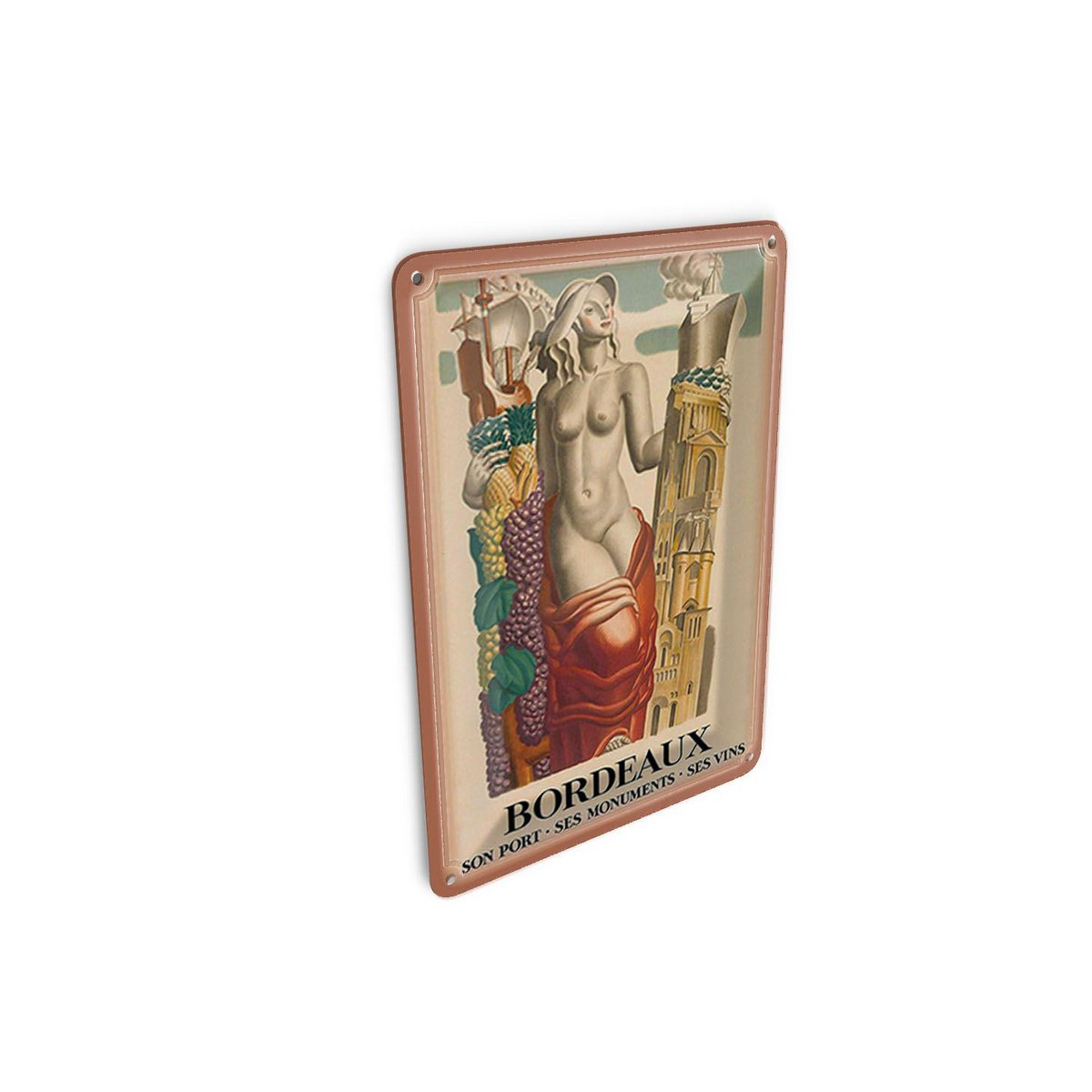 Cartolina da viaggio in latta 10x14 cm Bordeaux Francia son port ses monumenti targa decorativa