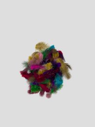  Colorful fluffy guinea fowl decoration with mixed wool, purple, teal, gold, and burgundy colors, seasonal ornament.