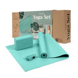 Turquoise yoga set with mat, blocks, and straps for beginners fitness exercise.
