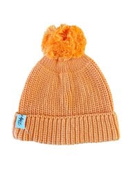 Orange knitted baby beanie with pompom, ribbed knit texture, warm winter hat for kids.