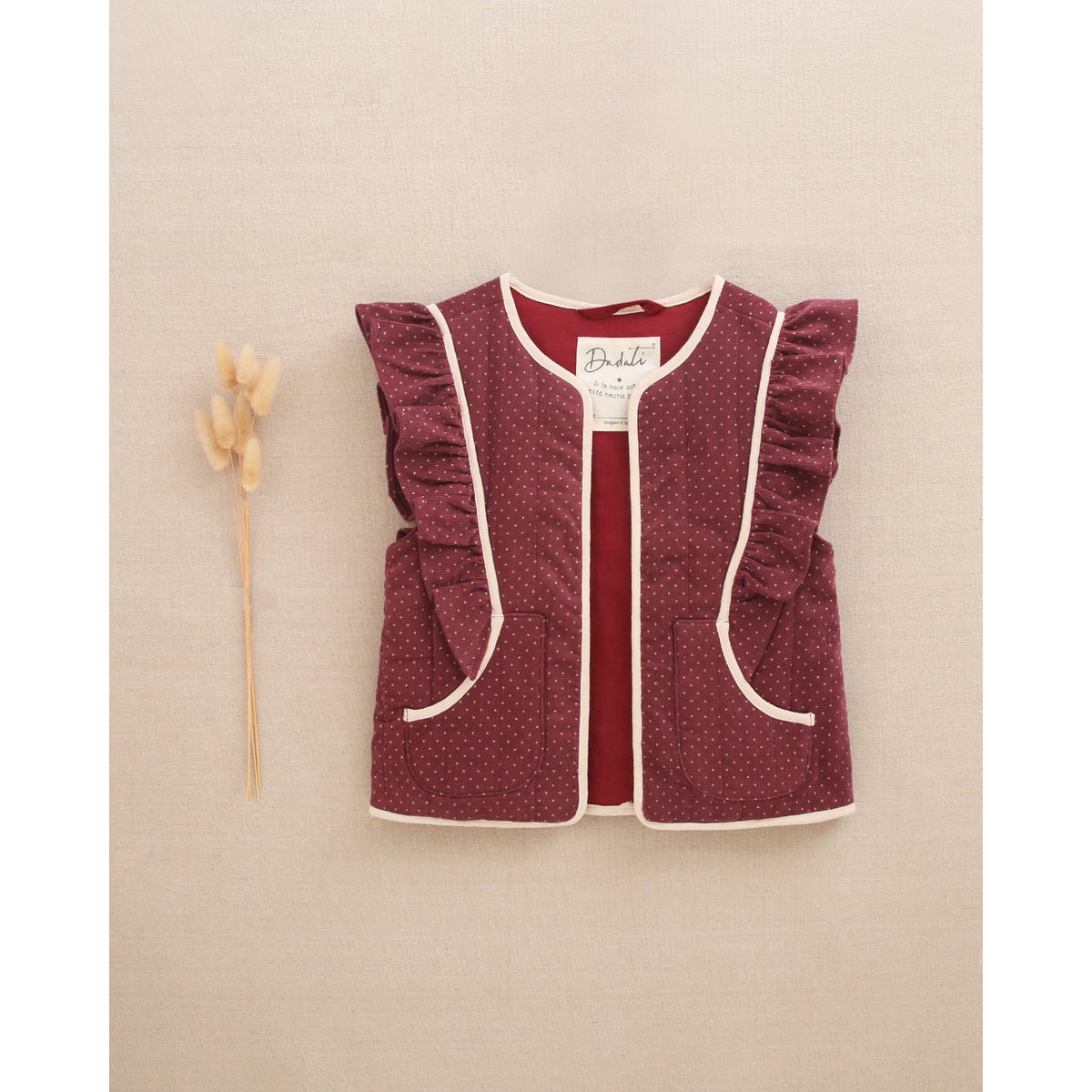 Meisjesvest met paarse ruches en beige stippen P73-11604091