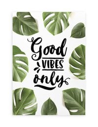 Tropical botanical poster with "Good Vibes Only" text and monstera leaves. The poster has a green and white color scheme, featuring large monstera leaves surrounding the text.