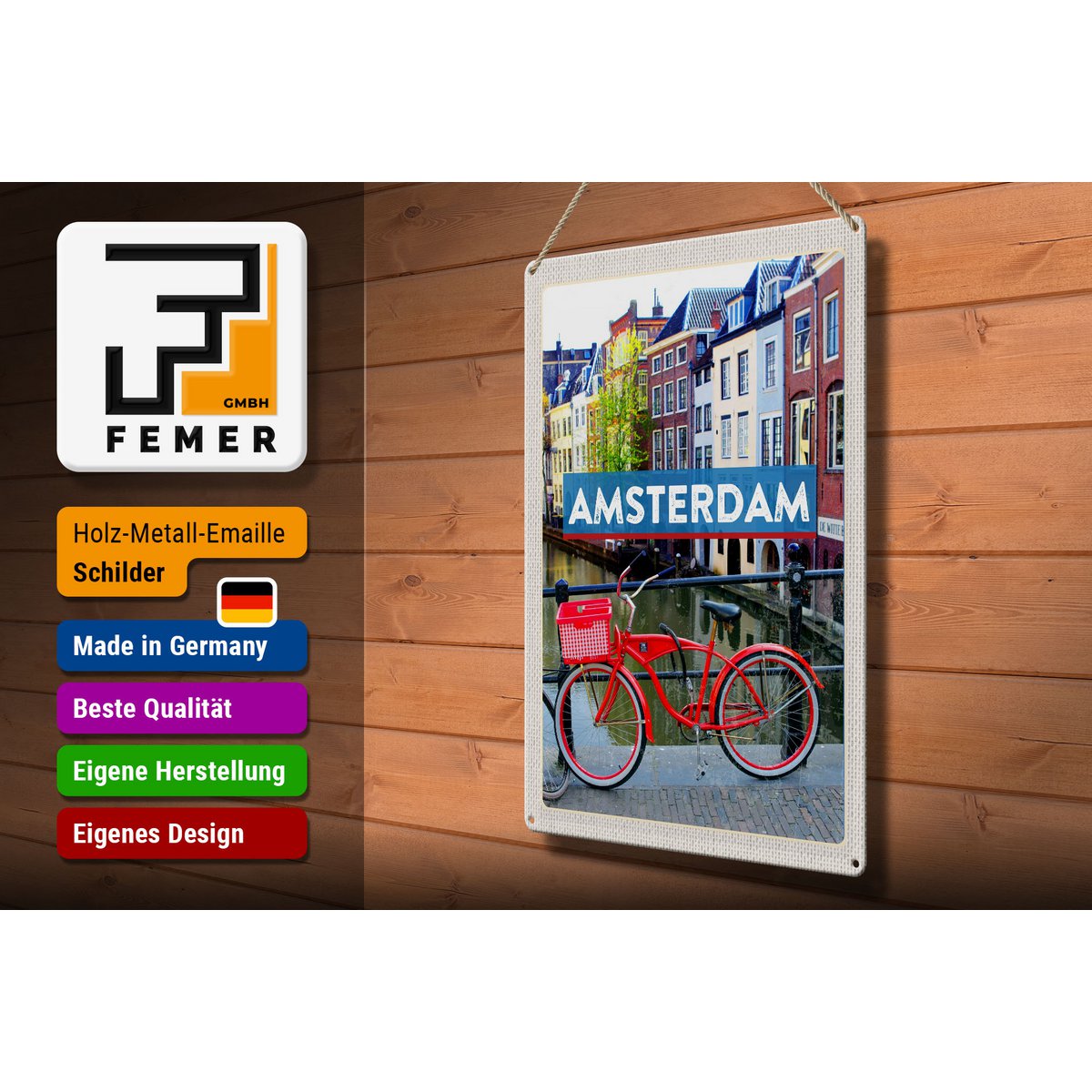 Tin sign travel 30x40cm Amsterdam travel destination bicycle