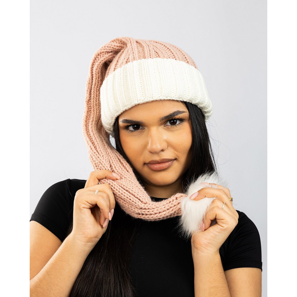 Santa hat - Pink with white brim coarse knit