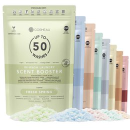 Fragrant laundry booster beads in a variety of scents including Spring, Seabreeze, Lavender, Cherry Blossom, Wild Forest, Drifting Clouds, Summer, Autumn, and Pure. Made in Holland from 100% microplastic-free materials.