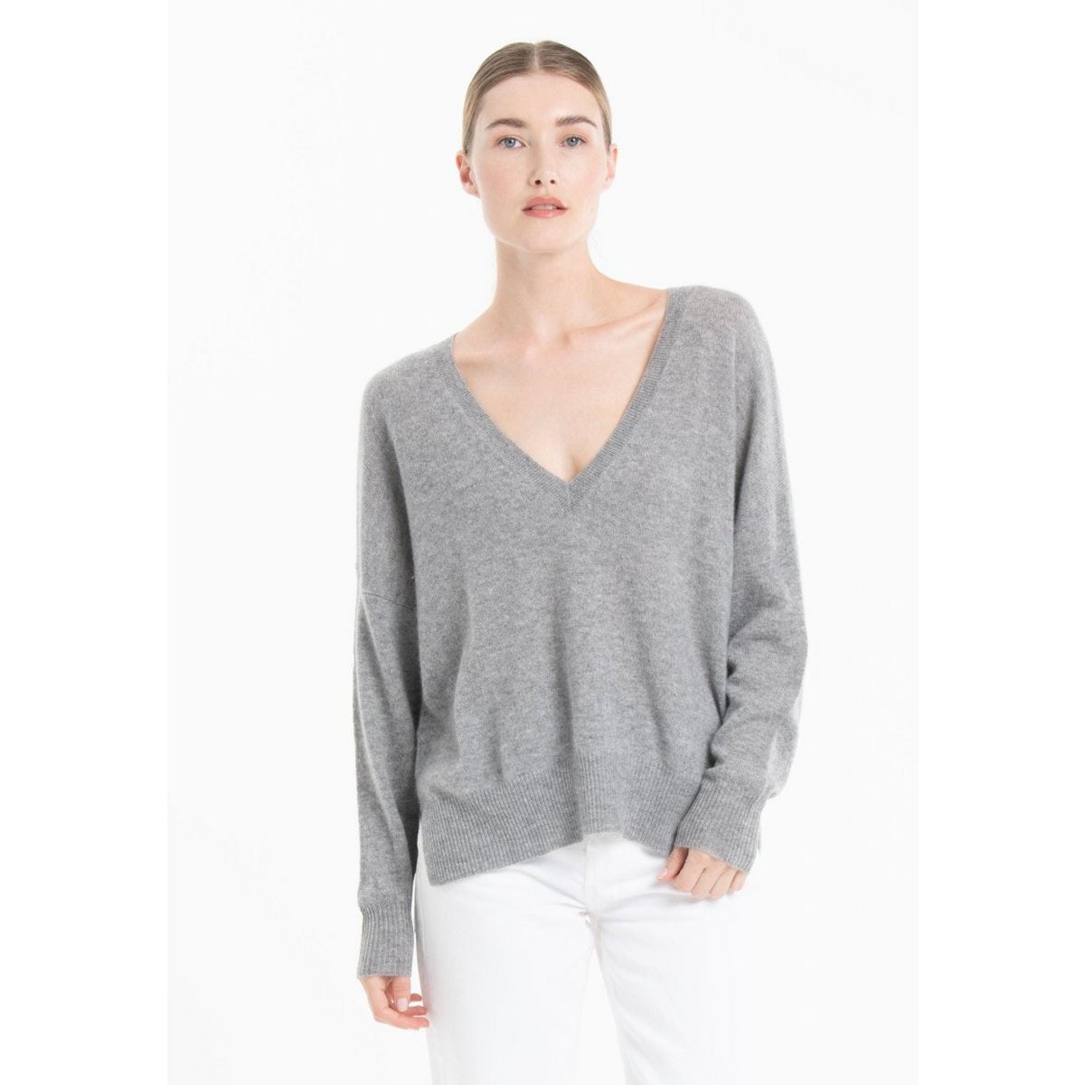 NAMI 23 Pull col V en cachemire avec bande couleur gris/mandarine
