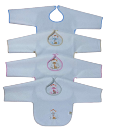 Waterproof embroidered bibs in various colors including beige, pink, gray, and blue. Suitable for children's cutlery.