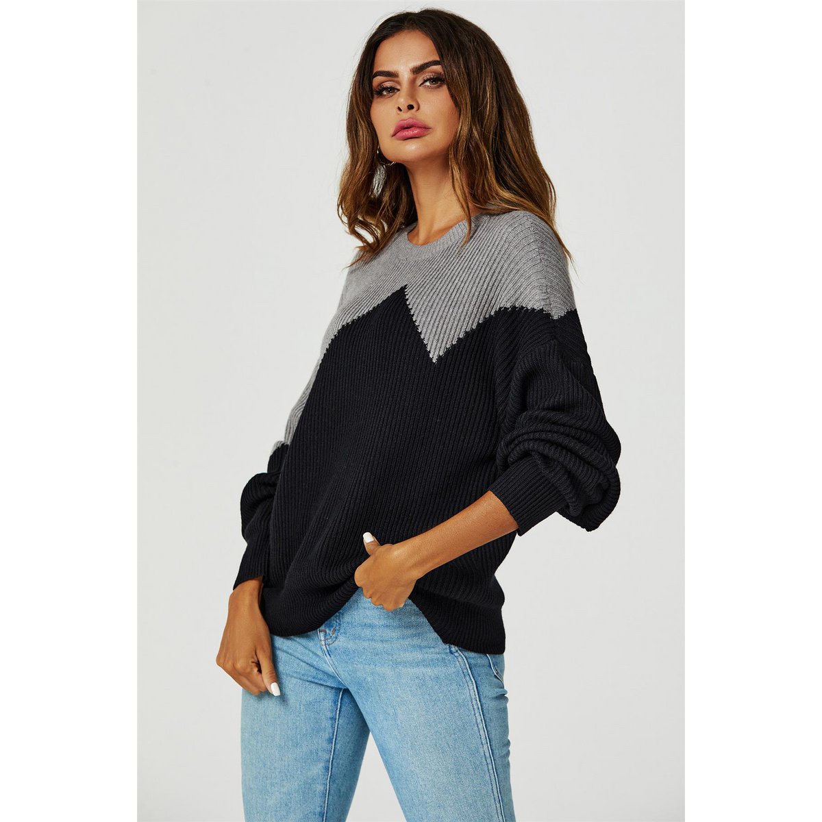 Block Color Tremper en tricot détendu en gris et noir